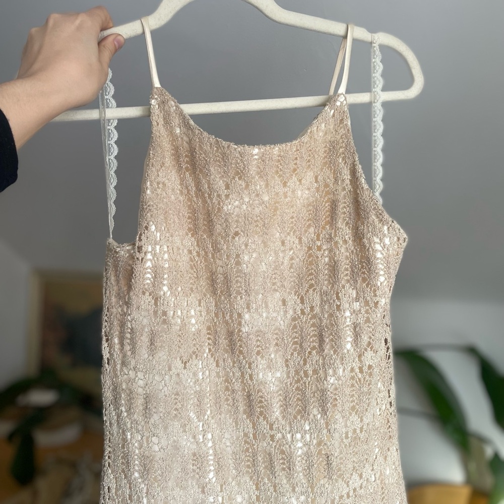 Vintage Boho Beecher Brook Crocheted Beige Maxi Dress with Crocheted Scarf/Shawl
